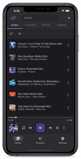 The songs tab in the GradedBlue Music app